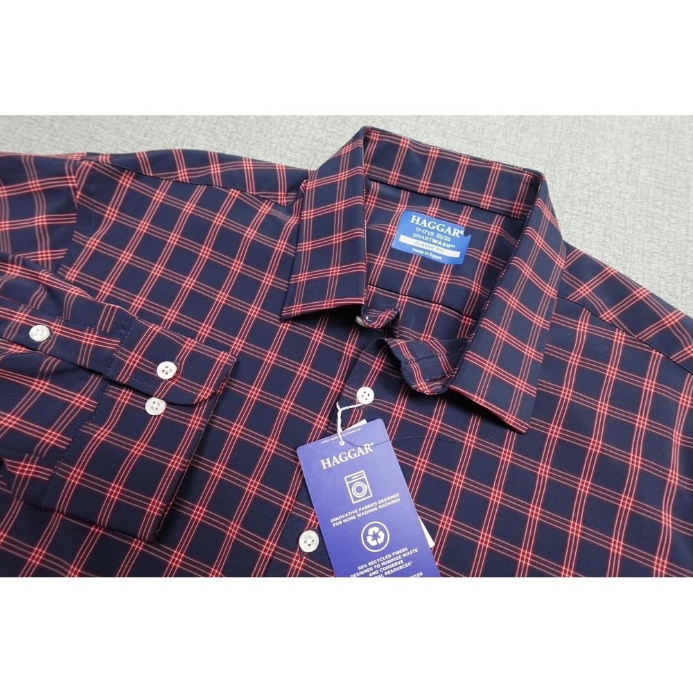 Haggar SmartWash Dress Shirt Mens XL Red Plaid Long Sleeve Button Up Classic Fit